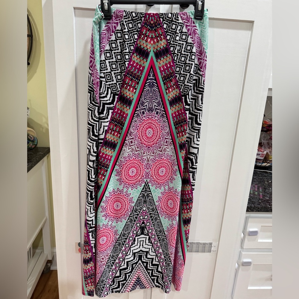 Cato Pink and Aqua Geometric Floral Maxi Skirt